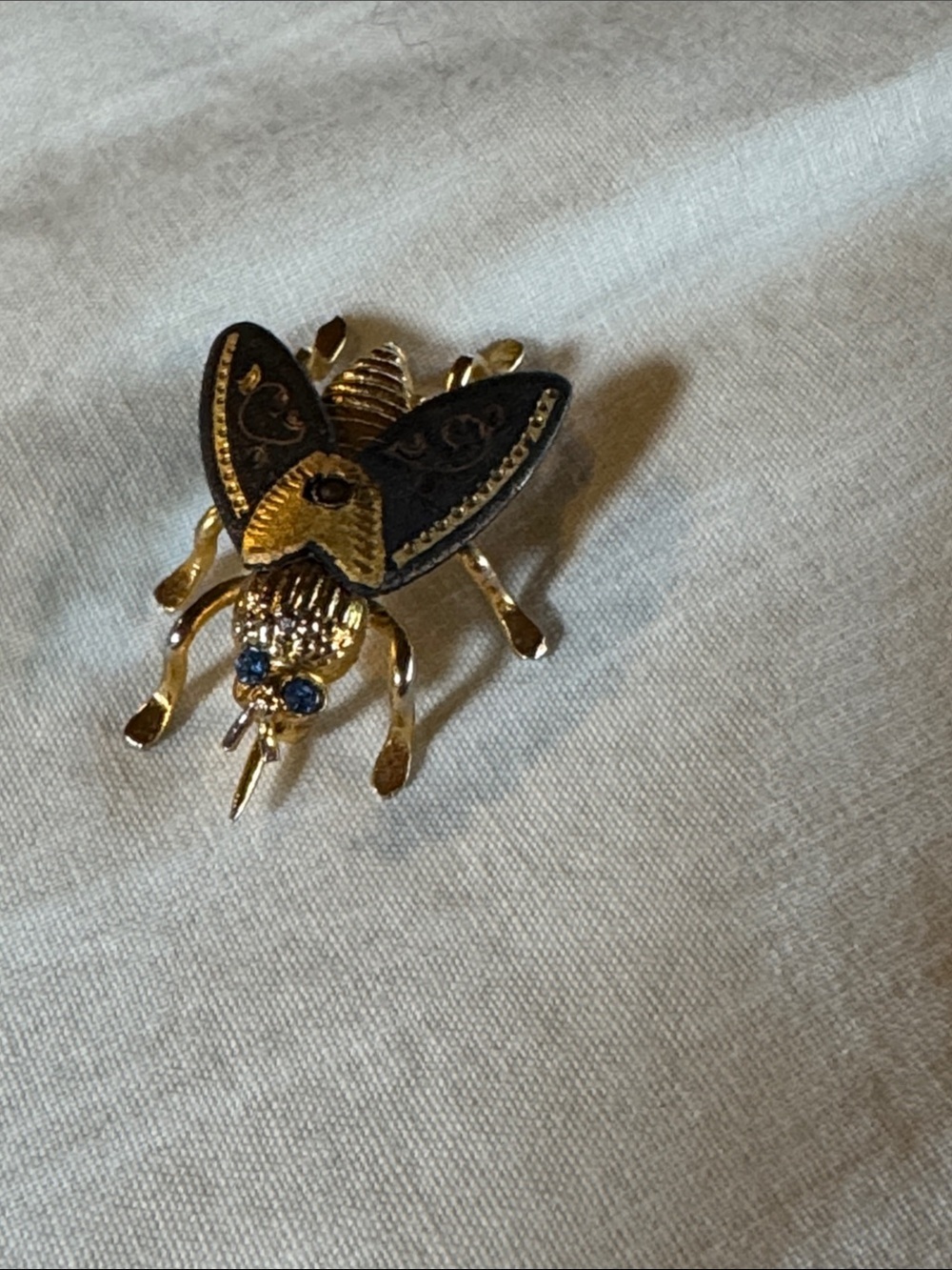 Gold Tone Bee Brooch with Black Enamel and Blue Rhinestones - Picture 3 of 3